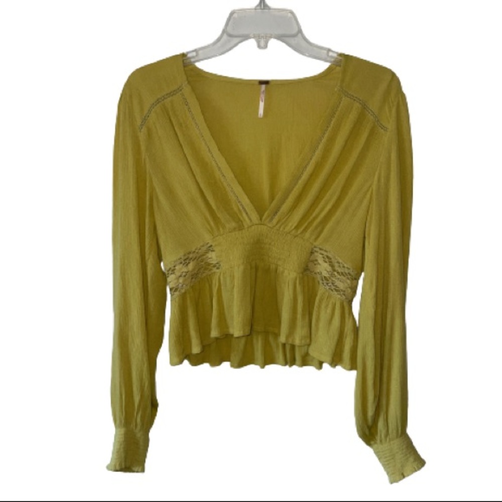 ⭐️HOST PICK ⭐️ Free People Yellow V-Neck Smock Waist Lace Crop Top- Size…